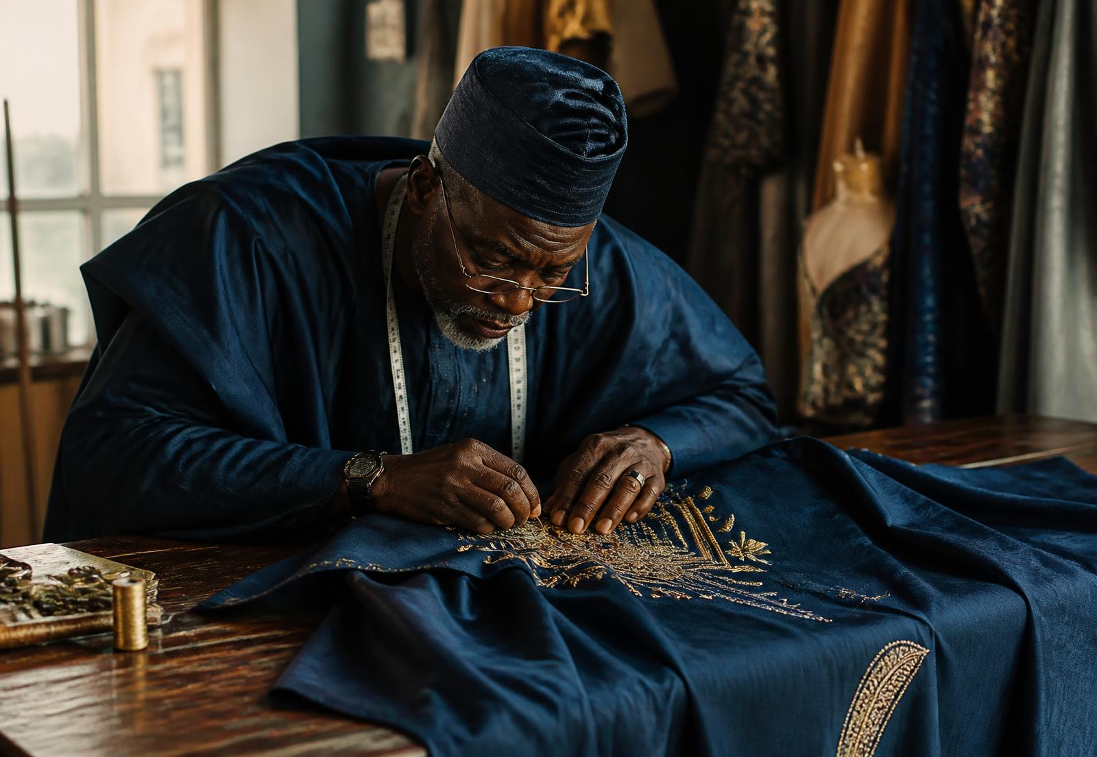 A Nigerian master tailor hand-finishing gold embroidery on an indigo agbada